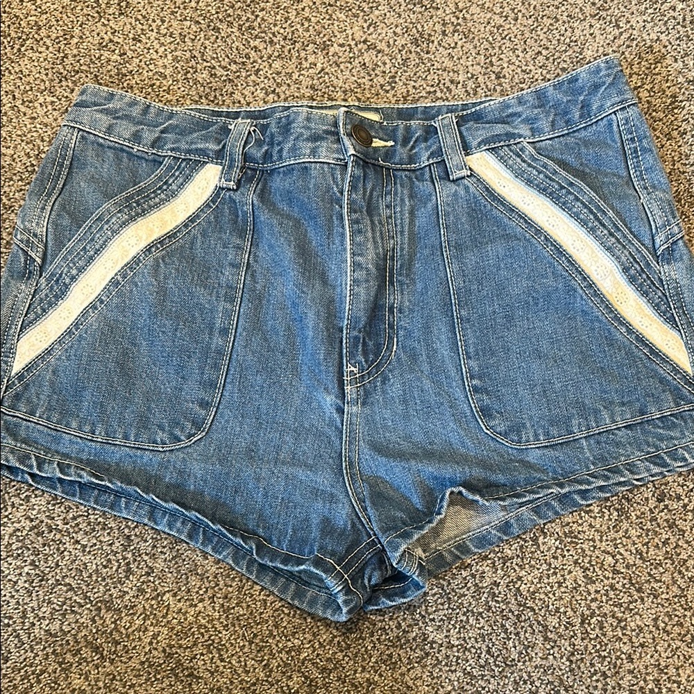Free People‎ Blue Jean Shorts with Cream Accents